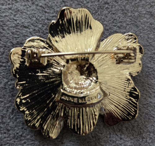 Anne Klein Violet Pave Enameled Pansy Flower Brooch Rhinestone Vintage Gold Tone