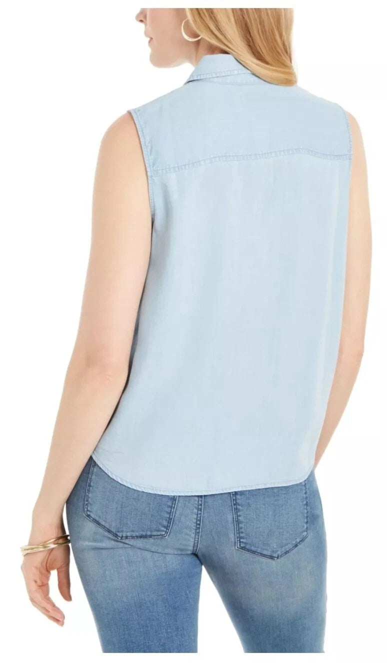 CHARTER CLUB Womens Light Blue Tie-hem Sleeveless Point Collar Top 16
