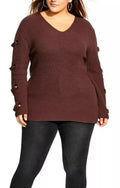 City Chic Womens Sweater Brown V Neck Long Sleeve Stretch Tunic Size L (20)