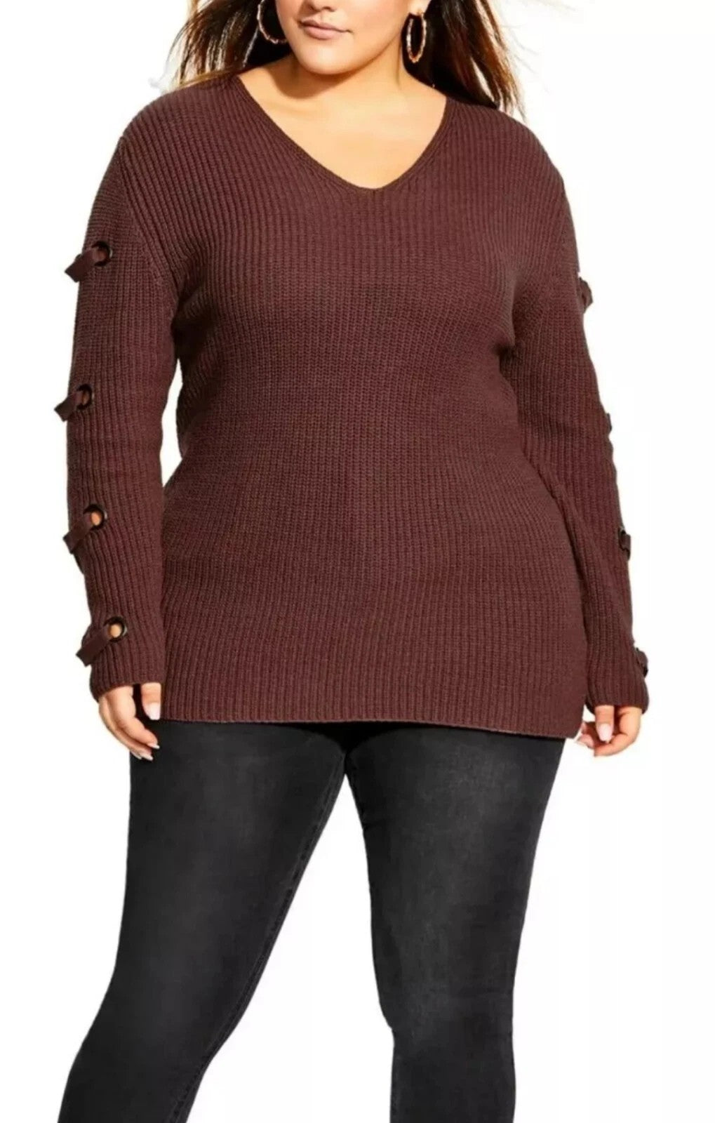 City Chic Womens Sweater Brown V Neck Long Sleeve Stretch Tunic Size L (20)