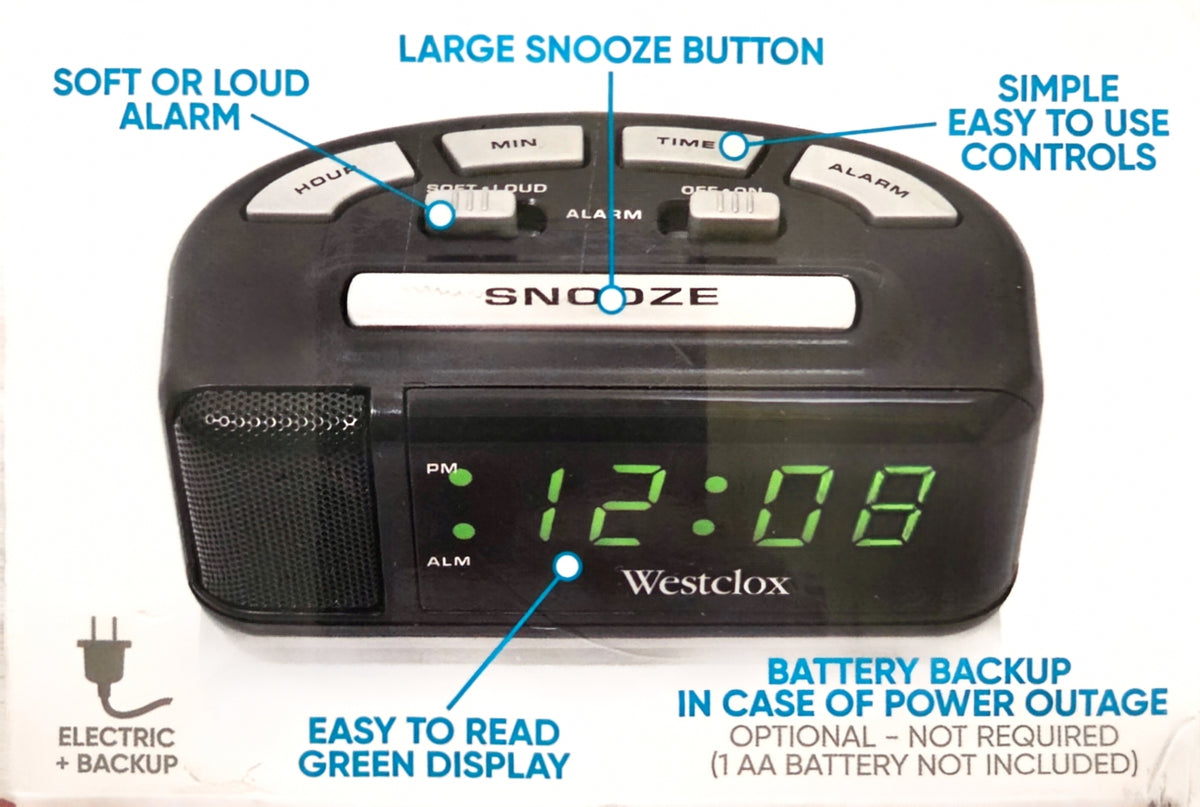 Westclox Digital Alarm Clock Loud Alarm Snooze Battery Backup