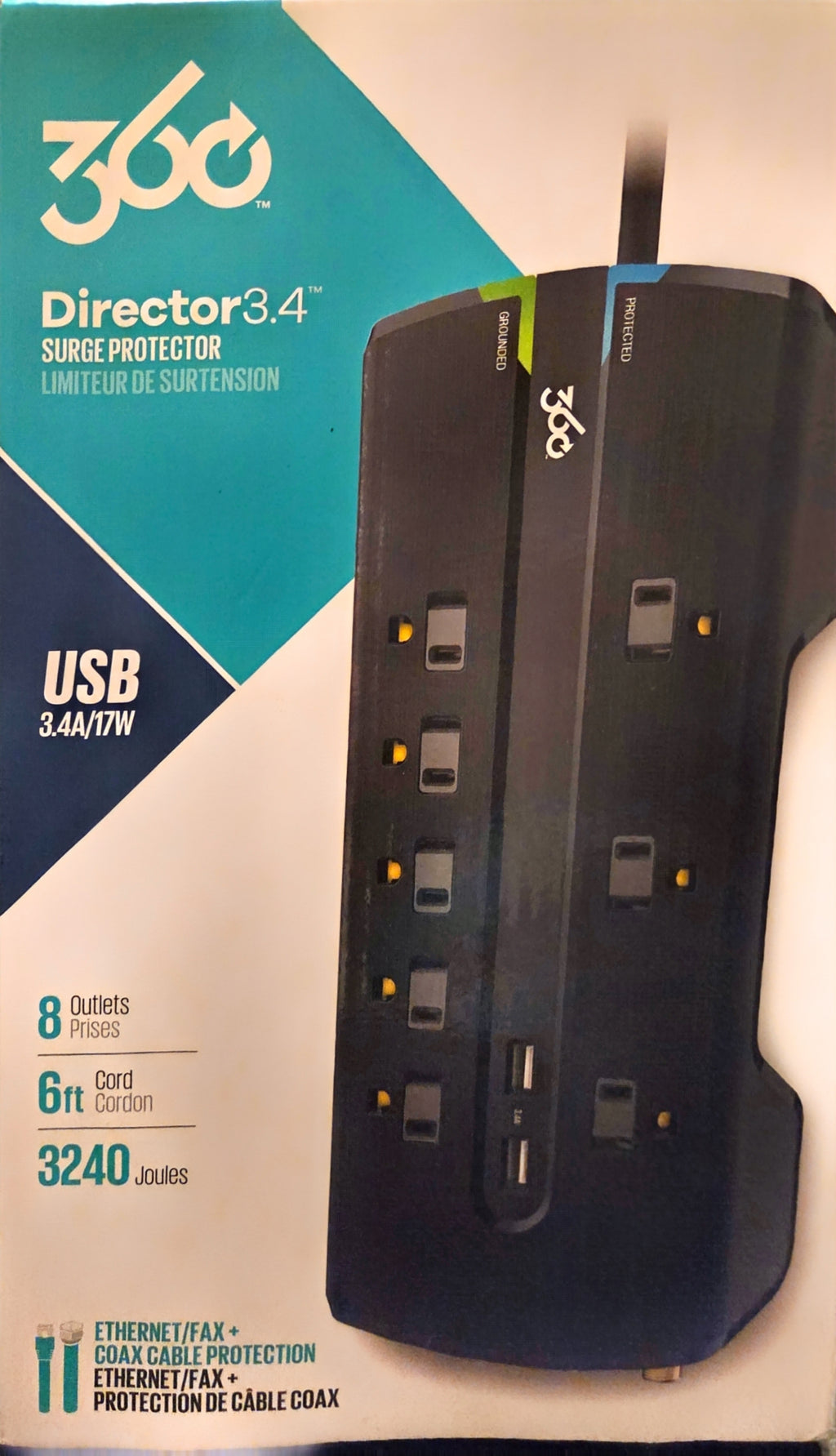 360 Electrical Producer 3.4 8-Outlet Surge Strip - 3.4A 2-Port USB - Black