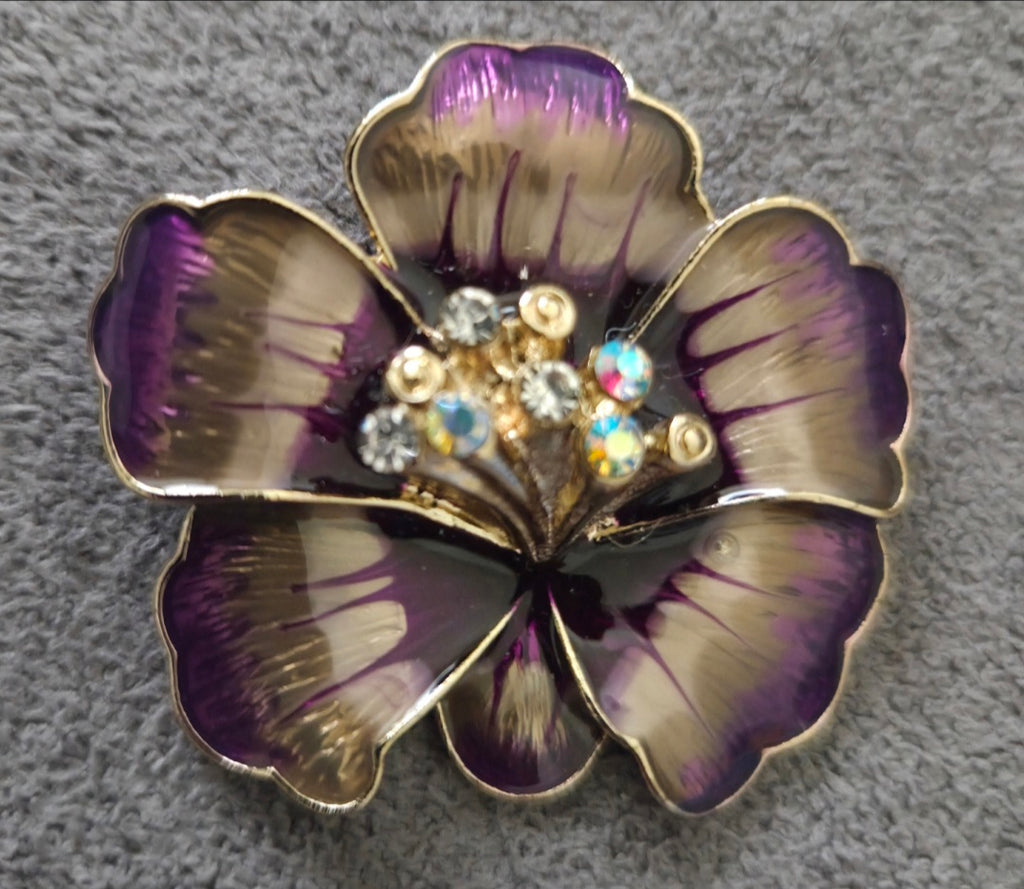 Anne Klein Violet Pave Enameled Pansy Flower Brooch Rhinestone Vintage Gold Tone