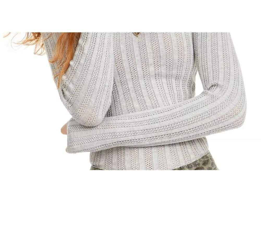 Hooked Up By Iot Juniors' Pointelle Sweater Grey Size Large